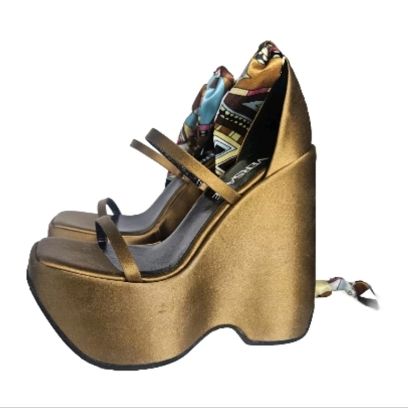 Versace Sandals 3 Strap Satin Platform Wedge Sandals SZ 5 - Picture 6 of 7